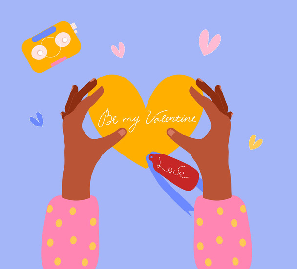 Valentine's day poster.Female hands are unpacking letter in heart shape. Be my valentine text. Retro boombox or audiotape around. Romantic relationship. Holiday celebration or dating.Bright colors - Vettoriali, immagini