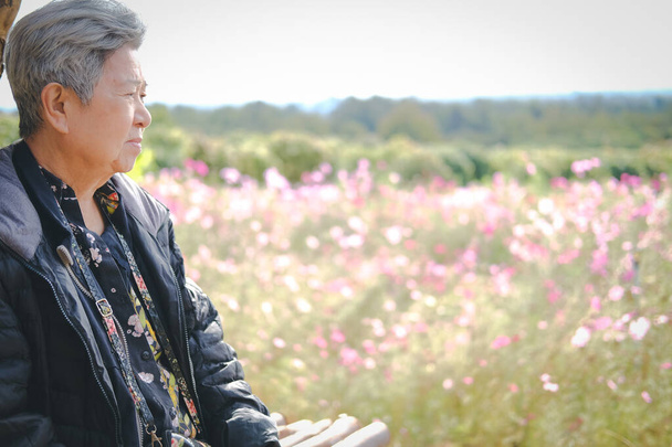 азіатська літня жінка похилого віку, яка відпочиває в саду. старший спосіб життя
 - Фото, зображення