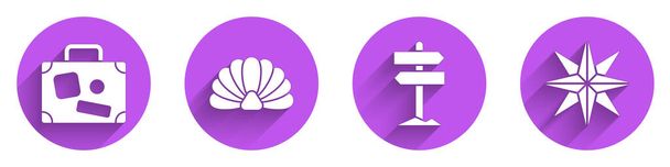 Set Suitcase, Scallop sea shell, Road traffic signpost and Wind rose icon with long shadow. Vector. - Vector, Image