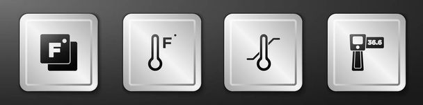 Aseta Fahrenheit, Meteorologian lämpömittari ja digitaalinen kuvake. Hopeinen neliö nappi. Vektori. - Vektori, kuva