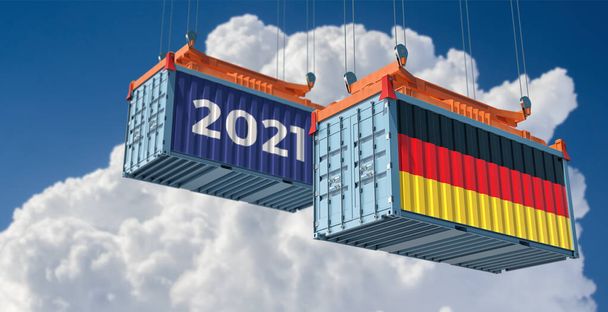 Trading 2021. Freight container with German flag. 3D Rendering  - Fotó, kép