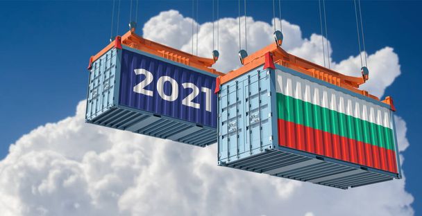 Handel 2021. Frachtcontainer mit bulgarischer Flagge. 3D-Rendering  - Foto, Bild
