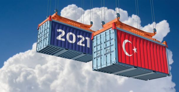 2021年取引。トルコの旗を持つ貨物コンテナ。3Dレンダリング  - 写真・画像