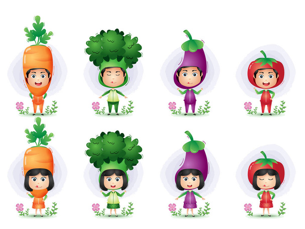 Děti, které používají kostým zeleniny. brokolice, lilek, mrkev a rajčata - Vektor, obrázek