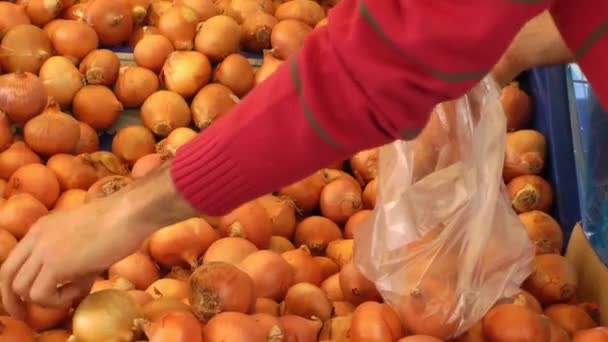 Greengrocer is adding onion to Pochette - Filmmaterial, Video