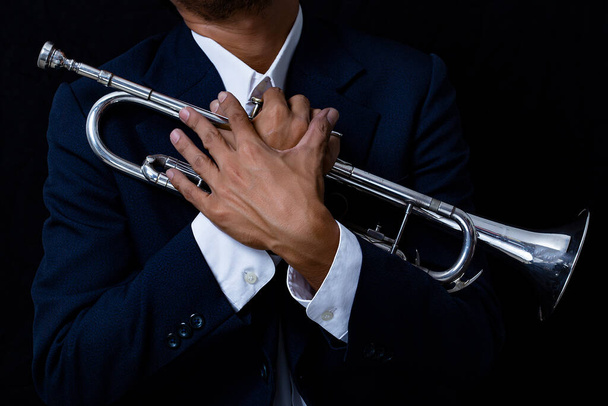 Close-up classic musical trumpet symphony band  - Zdjęcie, obraz