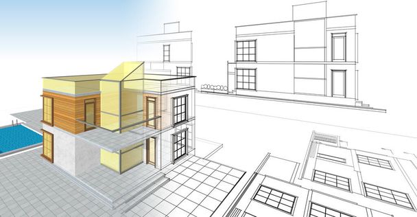 moderní dům skica 3D ilustrace - Fotografie, Obrázek