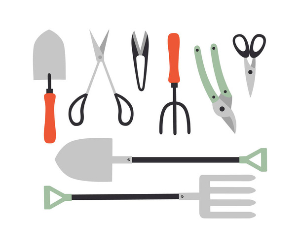 Vector illustration of gardening tools isolated on a white background.  Trowel, rake, pruner, scissors, shovel, and fork. Concept of healthy eating, local farming. Garden care tools. - Vector, Image