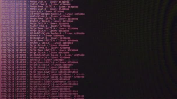 Codice software del computer rosso in movimento su un monitor nero. Computer di hacking nel processo, testo dinamico in esecuzione e scorre sullo schermo del pc. - Filmati, video