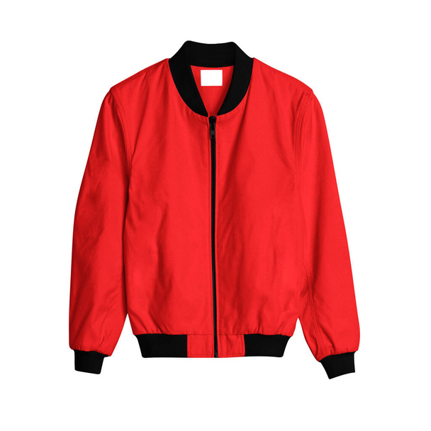 Front View Bomber Jacket Mockup w ognistym kolorze czerwonym, do tworzenia wspaniały i wiarygodny wzór bluza - Zdjęcie, obraz