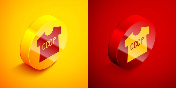 Isometric USSR t-shirt icon isolated on orange and red background. Circle button. Vector. - Vector, Image