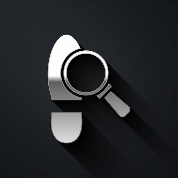 Silver Magnifying glass with footsteps icon isolated on black background. Detective is investigating. To follow in the footsteps. Long shadow style. Vector. - Vektori, kuva