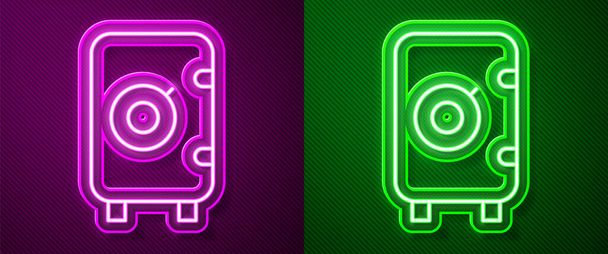 Ragyogó neon vonal Biztonságos ikon elszigetelt lila és zöld háttérrel. Az ajtó széf egy páncélterem kombinációs zárral. Megbízható adatvédelem. Vektor. - Vektor, kép