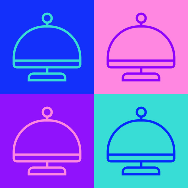 Pop art line Covered with a tray of food icon isolated on color background. Tray and lid sign. Restaurant cloche with lid.  Vector. - Vector, Image