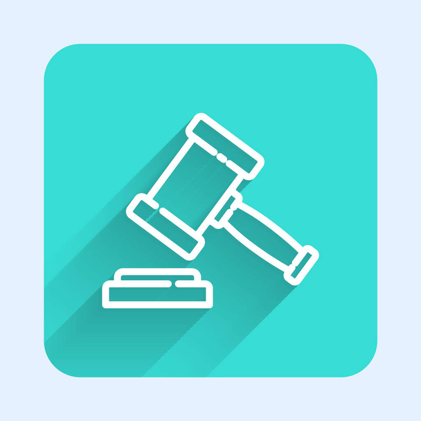 White line Judge gavel icon isolated with long shadow. Gavel for adjudication of sentences and bills, court, justice. Auction hammer. Green square button. Vector. - Vector, Image