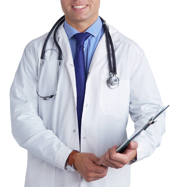 Male doctor standing with folder, isolated on white background - Photo, image