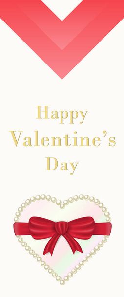 Valentine's day greeting card. Vertical banner with a heart. Heart with red ribbon and bow. Framed with pearls. - Vektor, kép