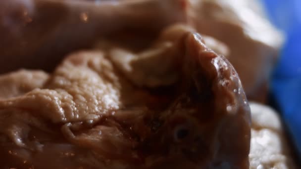 Makro widok pudełka pełnego zamrożonych nóg kurczaka. Mrożone surowe mięso z kurczaka pokryte lodem. 4k wideo - Materiał filmowy, wideo