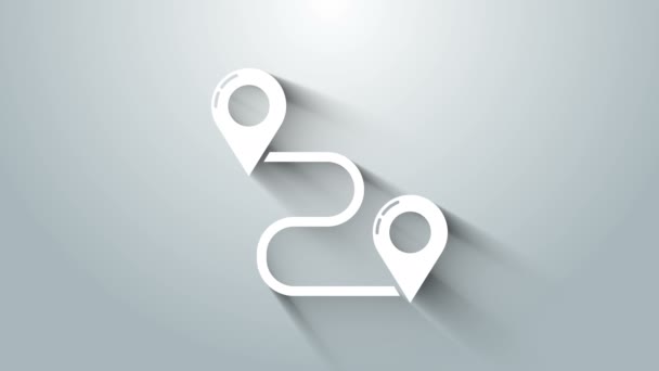 Ikona lokalizacji White Route odizolowana na szarym tle. Znak wskazujący mapę. Koncepcja ścieżki lub drogi. Nawigator GPS. 4K Animacja graficzna ruchu wideo - Materiał filmowy, wideo