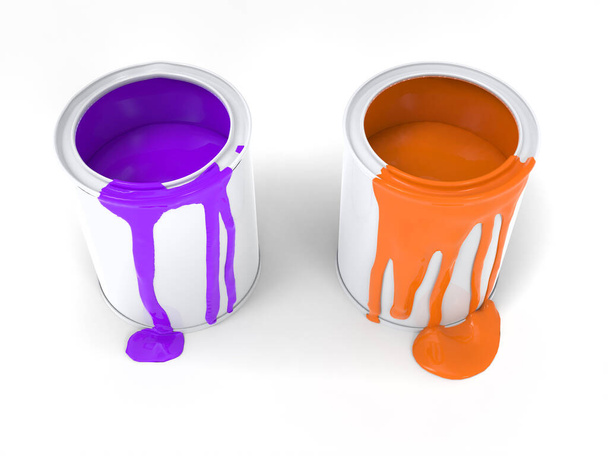 Pintura púrpura y naranja que gotea de los lados de las latas de pintura - Foto, Imagen