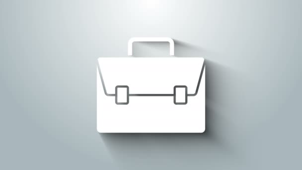 Icona valigetta bianca isolata su sfondo grigio. Un caso d'affari. Portafoglio aziendale. Animazione grafica 4K Video motion - Filmati, video
