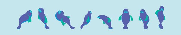 conjunto de manatí icono de dibujos animados plantilla de diseño con varios modelos. ilustración vectorial moderna aislada sobre fondo azul - Vector, imagen