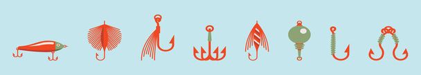 conjunto de elementos de pesca icono de dibujos animados plantilla de diseño con varios modelos. ilustración vectorial moderna aislada sobre fondo azul - Vector, imagen