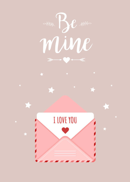 Sevgililer Günü tebrik kartı. Çizgi film tarzında yazılmış pembe bir zarf. İçinde aşk mesajı olan bir mektup. Ben de seni seviyorum. Benim ol. 14 Şubat için şirin bir tasarım. Çizgi film tarzında vektör illüstrasyonu - Vektör, Görsel
