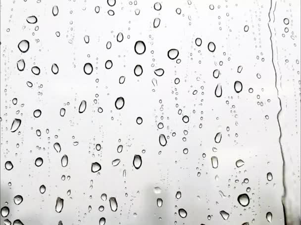 Kapky dešťové vody padají na okenní sklo. Bílá voda kape na modré sklo. Dešťové kapky kapky na okna.voda kapky padající na skleněný povrch. Kapky vody padají. Dolů. Déšť. - Záběry, video