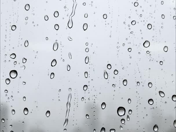 Regen water druppels vallen neer op het raam glas .wit water druppels op blauw glas. Regen druppels op raam .water druppels vallen op glazen oppervlak. Waterdruppels vallen. Laat vallen. Regen. - Video