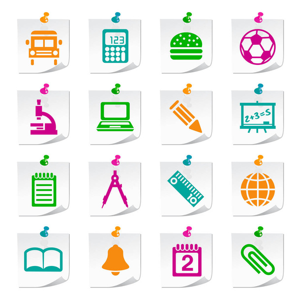 Set von universellen flachen einfachen Schulsymbolen auf quadratischen farbigen Zettelknöpfen auf Zetteln  - Vektor, Bild