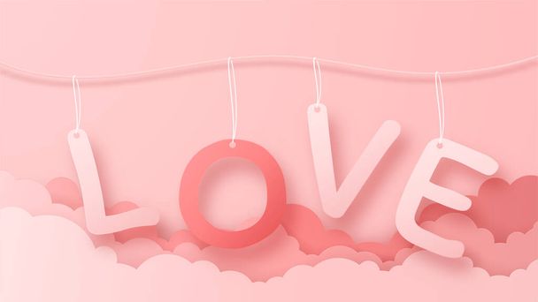 Balão de ar quente origami 3D voando com fundo de texto de amor do coração. Design de conceito de amor para o dia da mãe feliz, dia dos namorados, dia de aniversário.ilustração de arte de papel vetorial. - Vetor, Imagem