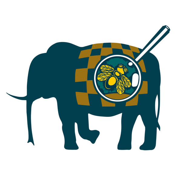  Fliege und Elefant. Flaches Cartoon-Bild eines Elefanten in einer Schachbrettdecke mit einer Fliege unter dem Mikroskop auf dem Rücken. Vektorillustration - Vektor, Bild