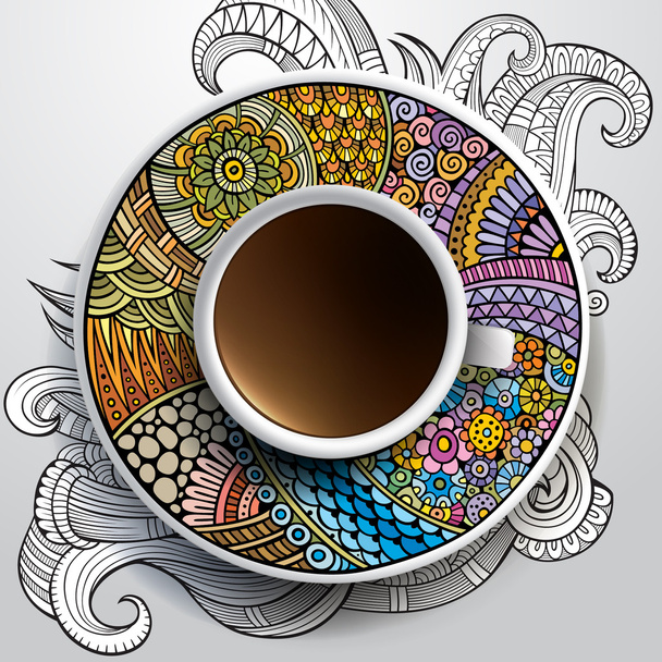 Tazza di caffè e ornamento disegnato a mano su un piattino
 - Vettoriali, immagini