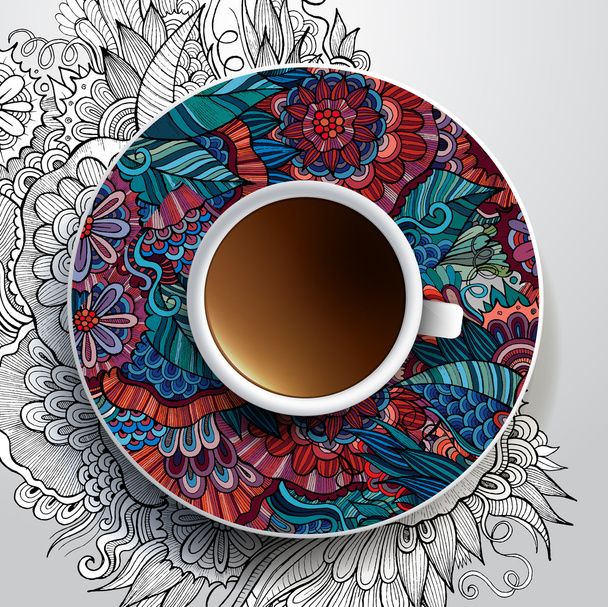 Cup of coffee and hand drawn floral ornament on a saucer - Vector, Image