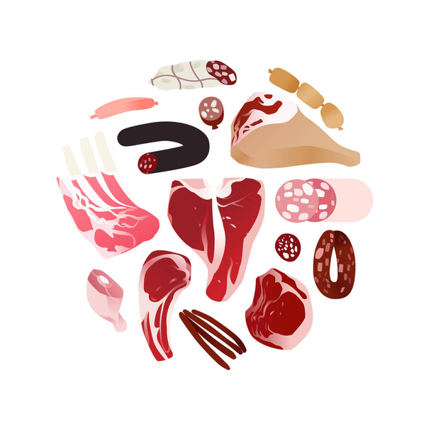 Διαφορετικά κομμάτια κρέατος που διαχειρίζεται σε κύκλο. Εικόνα έννοιας τροφίμων, εικονίδια φορέων νωπού κρέατος - Διάνυσμα, εικόνα