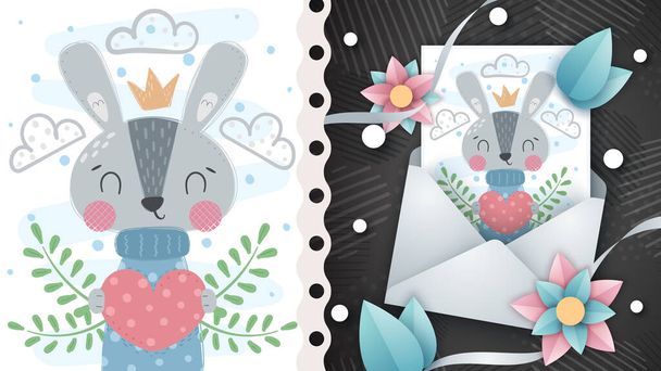 Pretty rabbit with heart - idea for greeting card - Vettoriali, immagini