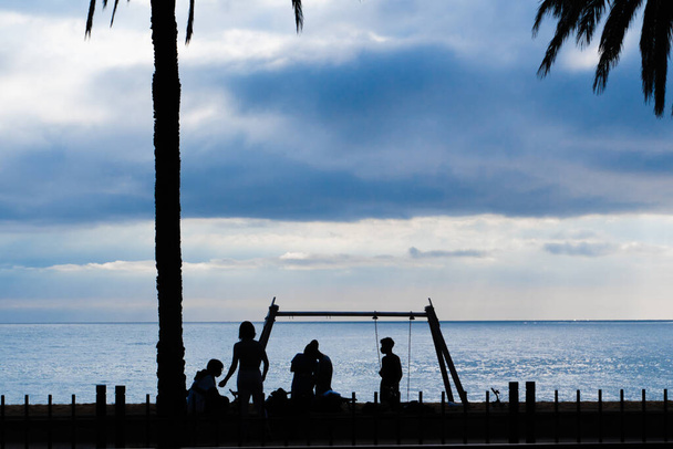 Silhouette von jungen Leuten, die auf Strandschaukeln spielen - Foto, Bild