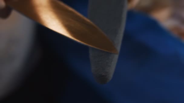Vista macro de mãos femininas afiando faca na cozinha antes de cortar a carne. A preparar a faca para o trabalho. Vídeo 4K - Filmagem, Vídeo