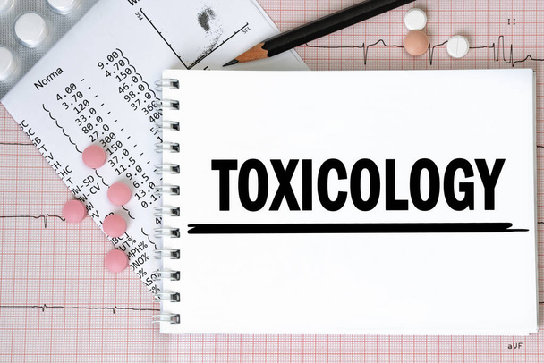 Ноутбук страница со словом - токсикология рядом с таблетками и карандашом, медицинская концепция, вид сверху - Фото, изображение