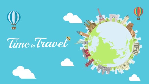Seyahat, tatil, gezici animasyon afişi (4K). Dünya mirası ve dünyaca ünlü binalar. - Video, Çekim