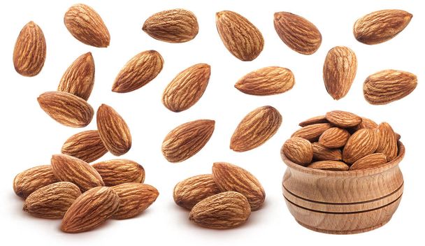 Almond nuts isolated on white background, collection - Photo, Image