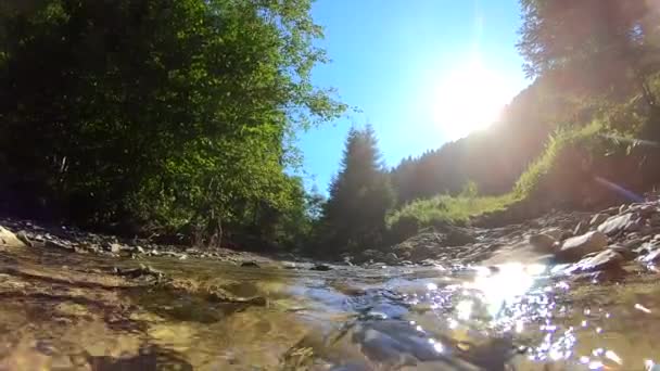 Sehr schöne Berglandschaft mit fließendem Fluss und hellen Spiegelungen - Filmmaterial, Video