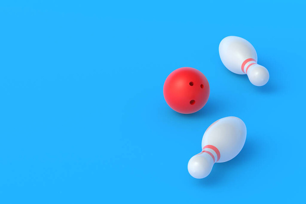 Red bowling ball and white pins on blue background. Active sport. Hobby and leisure. Competition and championship. Copy space. 3d rendering - Foto, immagini