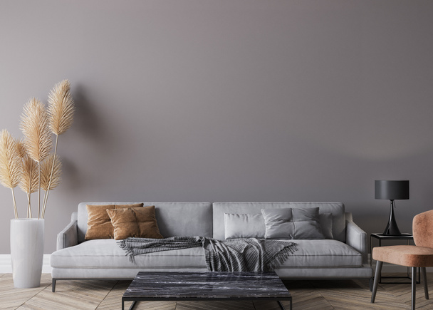 Μοντέρνο σαλόνι εσωτερικό, γκρι καναπέ σε σκούρο άδειο τοίχο mockup - Φωτογραφία, εικόνα