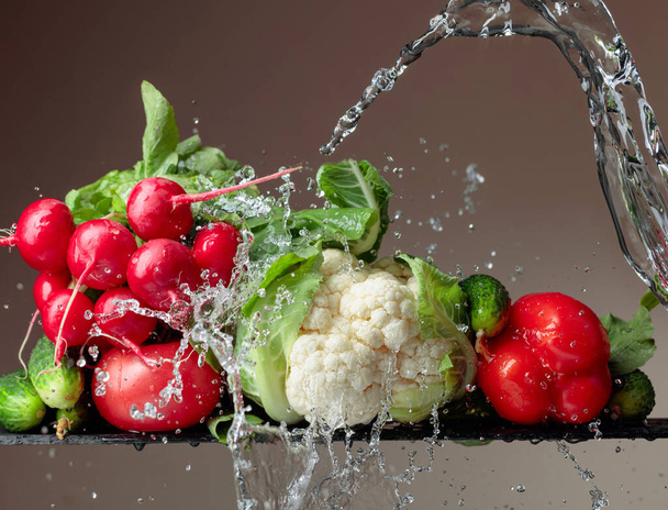 Various fresh raw vegetables with water splash. Copy space. - Photo, Image