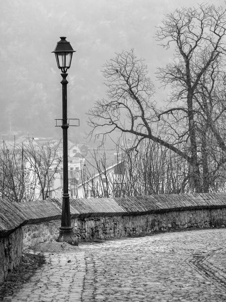 Стара чорно-біла картина вуличної лампи і бруківки вулиць у середньовічній цитаделі Сігісоара. - Фото, зображення