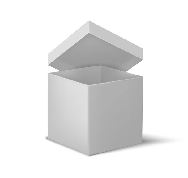 Weiße offene Schachtel. Realistischer Pappwürfel, 3D-Leerbehälter mit Deckel und Schatteneffekt. Geometrische quadratische Form mit scharfen Kanten. Mockup von Geschenk- oder Überraschungsverpackungen, Vektorschablone - Vektor, Bild