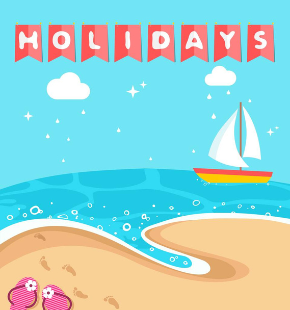 Summer holidays background. Beach, water, foot steps in sand, sandals, ship, clouds and blue sky in flat style - Wektor, obraz