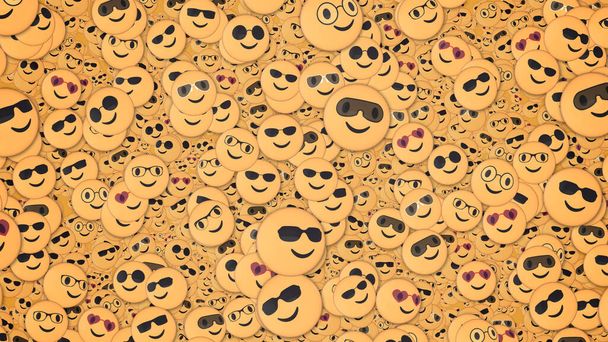 Farklı gözlük ve güneş kremi tasarımlı şirin emojiler. Sosyal medyada optik aşınma promosyonu için arka plan. - Fotoğraf, Görsel